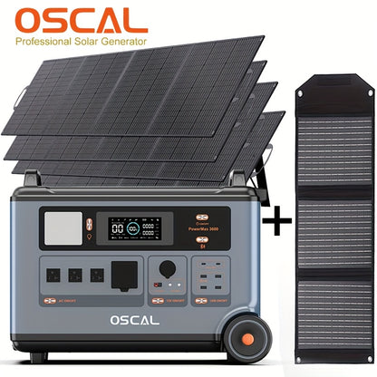 OSCAL PowerMax 3600 Solar Generator with 4x400W Solar Panels & 30W Panel - 3600Wh/3600W Power Station, 7200W Peak Output, 1.2H Backup, App Control, Portable AC Power for home, RV, Off-Grid - Heavy-Duty for home, Camping, Emer