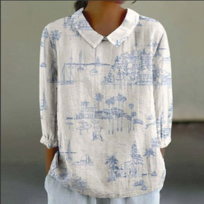 European And American Style Long-Sleeve Chinese-Style Bamboo-Stripe Linen Lapel Printed Fashionable All-Match Shirt