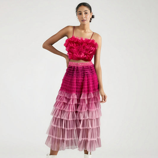 Women Mesh Sheer Bikini Cover-ups Set Camis Crop Tops and Cake Ruffles Long  Skirts Two Piece Swimwear Beach Dresses