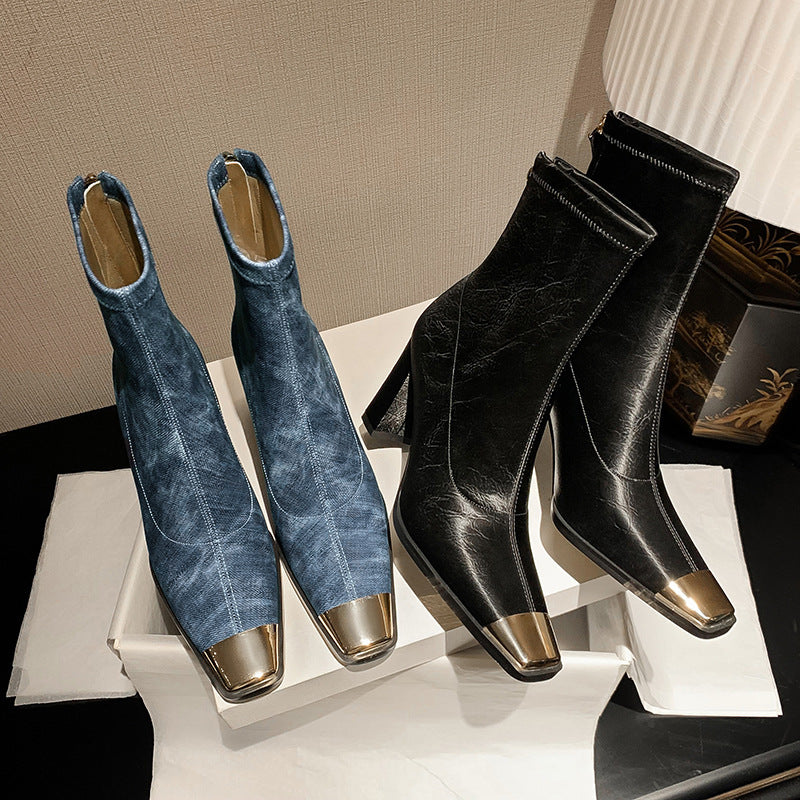New Fashion Autumn Winter Warm Shoes Chunky High Heels Platform Black Blue Dress Party Work Female Lady Ankle Boots