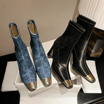 New Fashion Autumn Winter Warm Shoes Chunky High Heels Platform Black Blue Dress Party Work Female Lady Ankle Boots