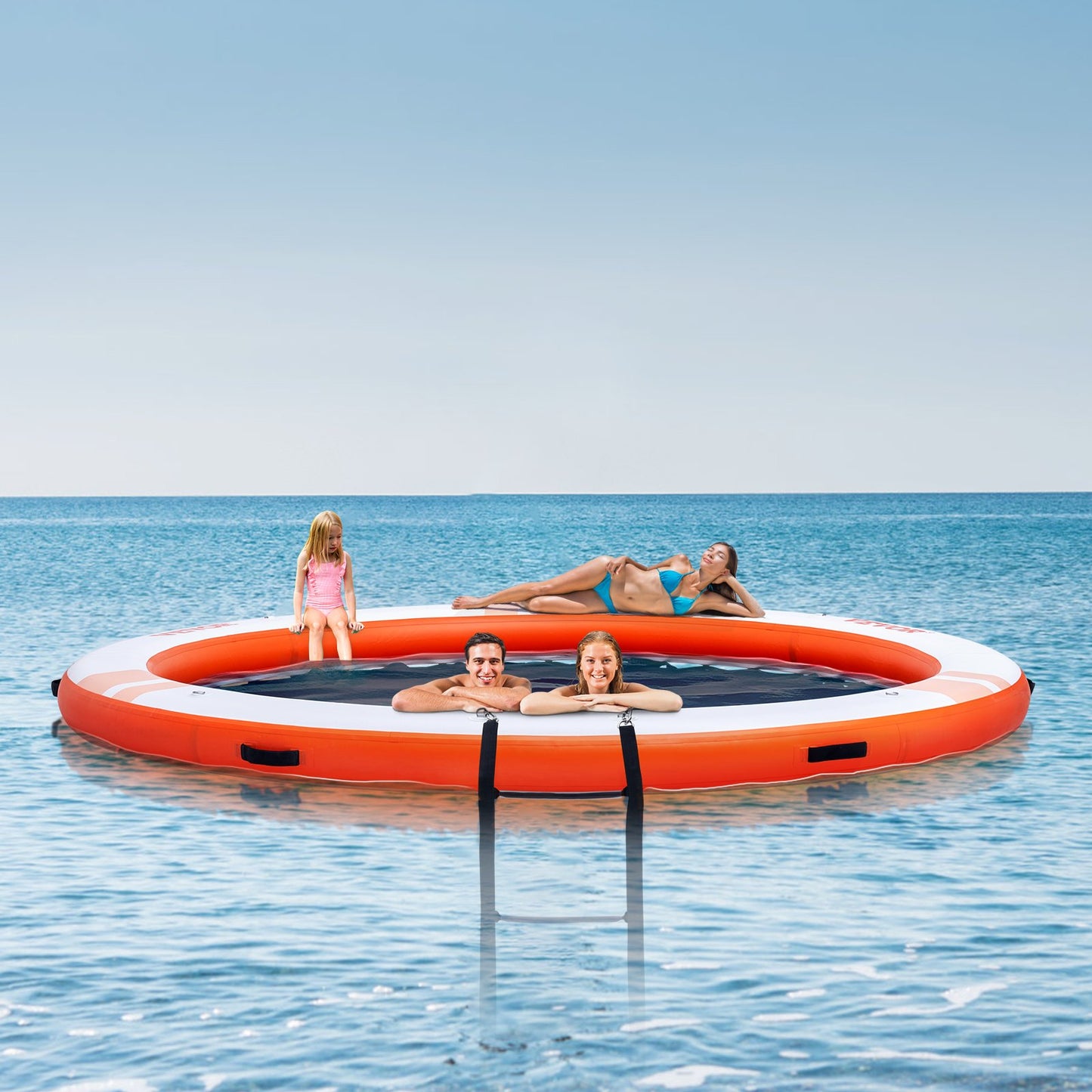 Inflatable Floating Dock, Ø8FT Inflatable Dock Platform With Ø5FT Trampoline Mesh Pool, Non-Slip Floating Platform Water Mat With Portable Bag & Detachable Ladder For Pool Beach Relaxation