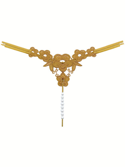 Floral Embroidery Thong, Hollow Out Faux Pearl Panties, Women's Sexy Lingerie & Underwear