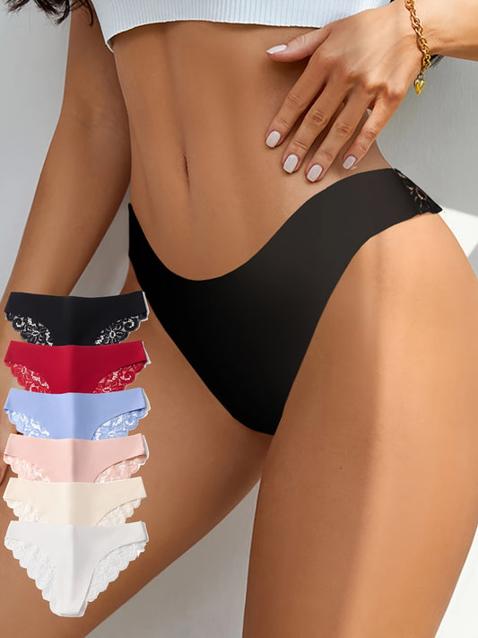 6pcs Contrast Lace Briefs, Comfy & Seamless Scallop Trim Intimates Panties, Women's Lingerie & Underwear