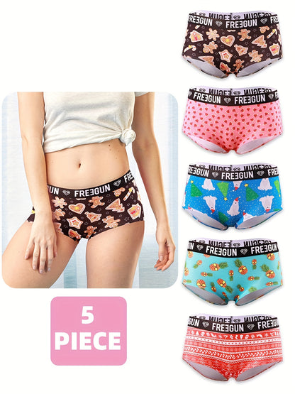 5pcs Soft & Comfortable Cartoon Print Boy Shorts - Women's Lingerie & Underwear with Cute Designs, Breathable Fabric, and Relaxing Fit for Everyday Wear