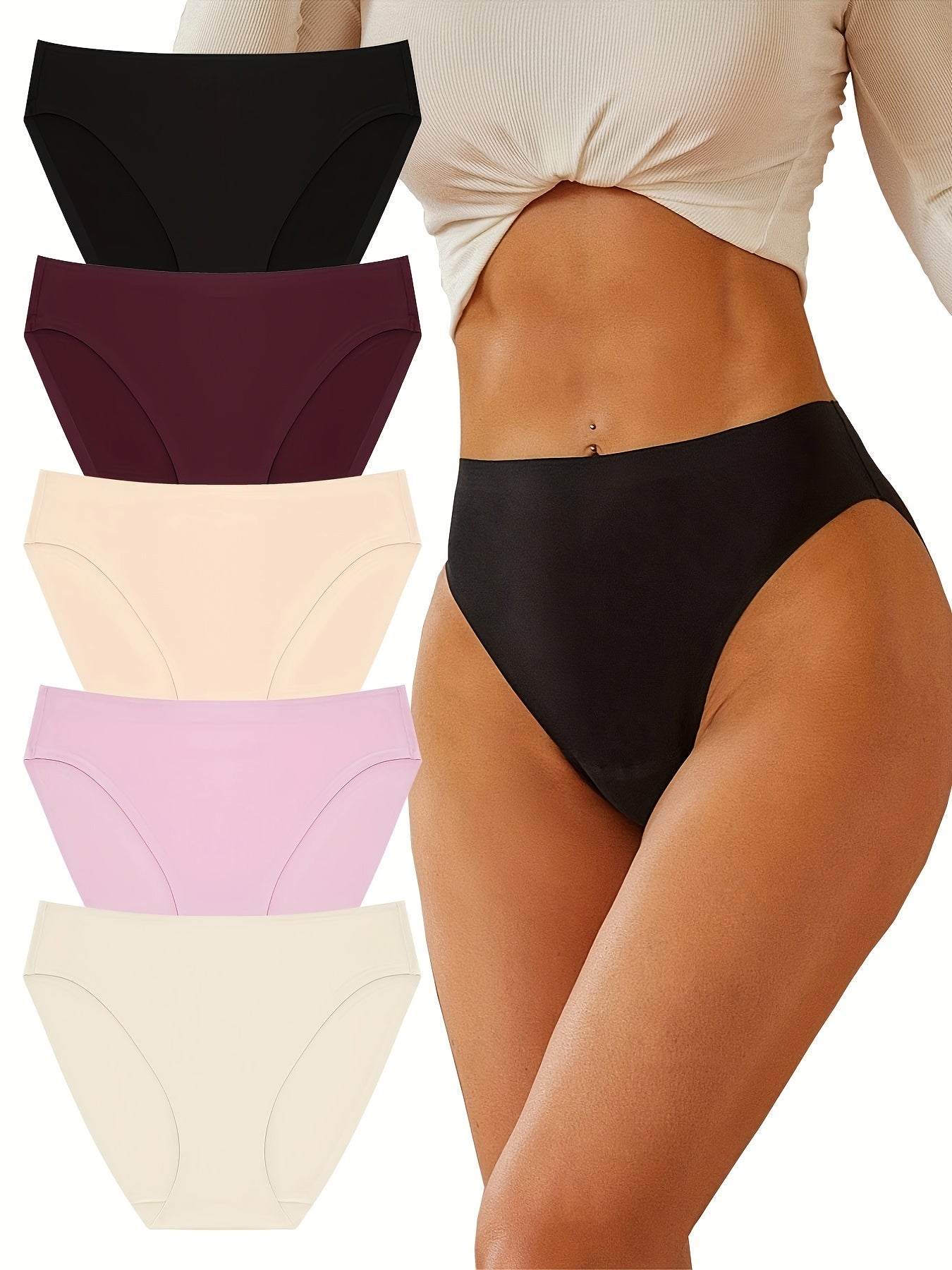 5pcs Seamless Solid Briefs, Comfy & Breathable Stretchy Intimates Panties, Women's Lingerie & Underwear