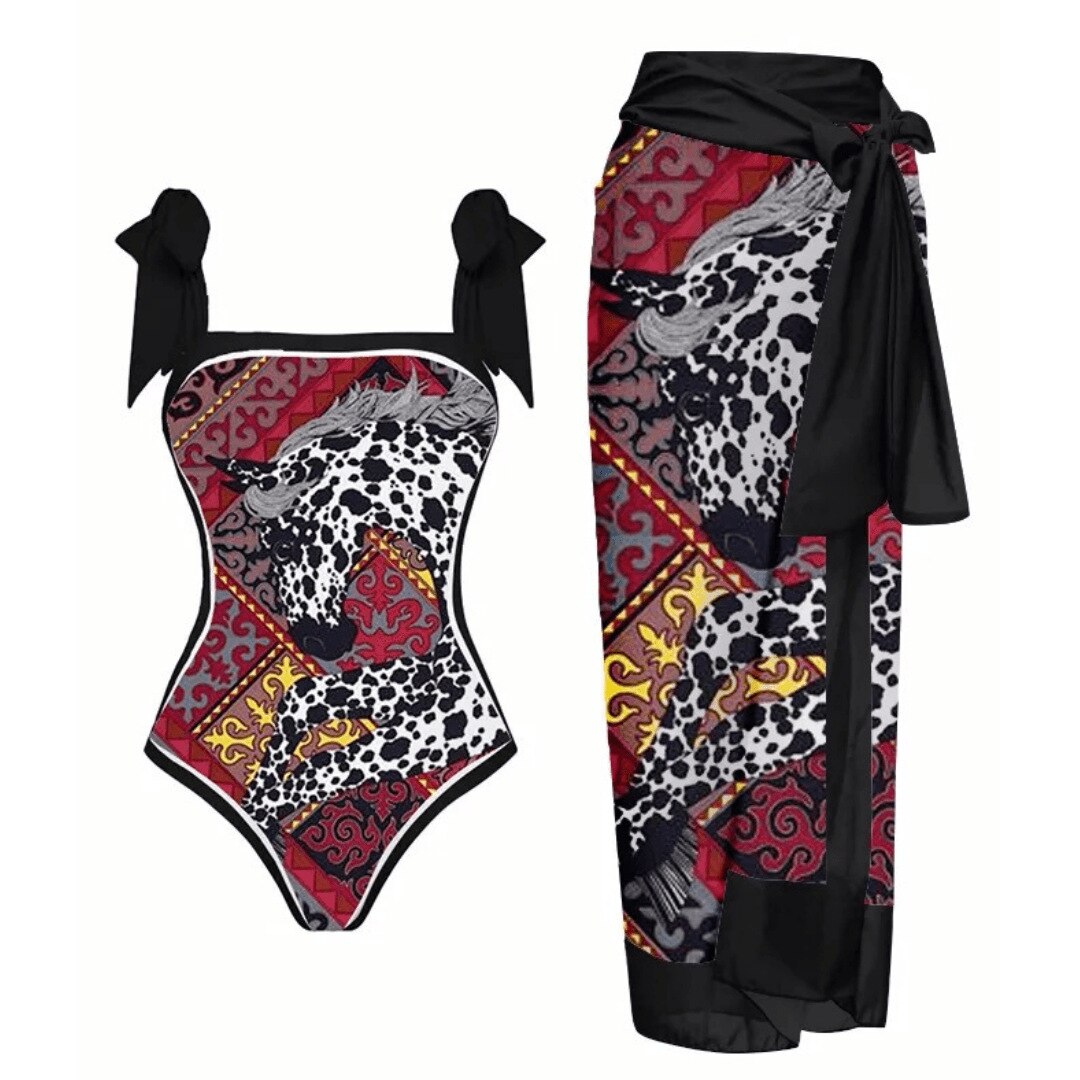 New Swimwear Set Multicolor Printed Chiffon Long Skirt One-Piece Sunscreen Swimsuit Beachwear Cover Up Bikini Bathing Suits