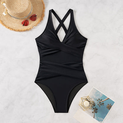 Solid Color Crossed Slimming Sexy High-Waist One-Piece Bikini Swimsuit for Women