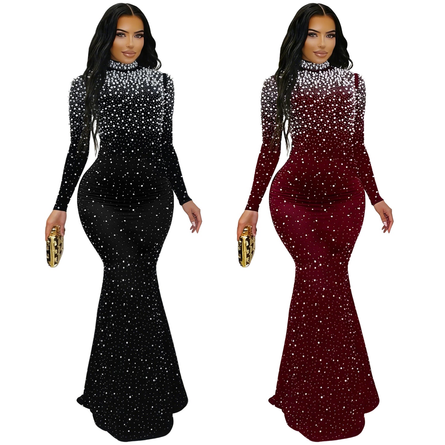 Elegant High Neck Rhinestone Beaded Bodycon Dress for Women Fashion