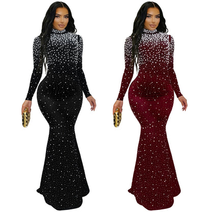 Elegant High Neck Rhinestone Beaded Bodycon Dress for Women Fashion