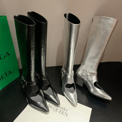 Genuine Leather Shoes Woman Knee HIgh Boots Spring Autumn Pointed Toe CHunky Heels Black Silver Dress Party Casual Shoes
