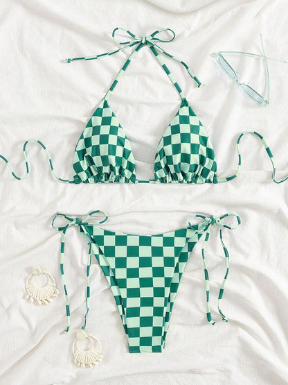 Lace up multi-color checkered split swimsuit women's bikini swimsuit