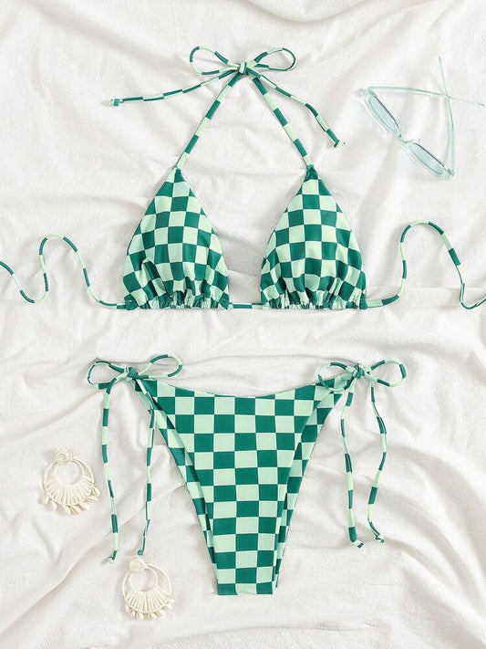 Lace up multi-color checkered split swimsuit women's bikini swimsuit