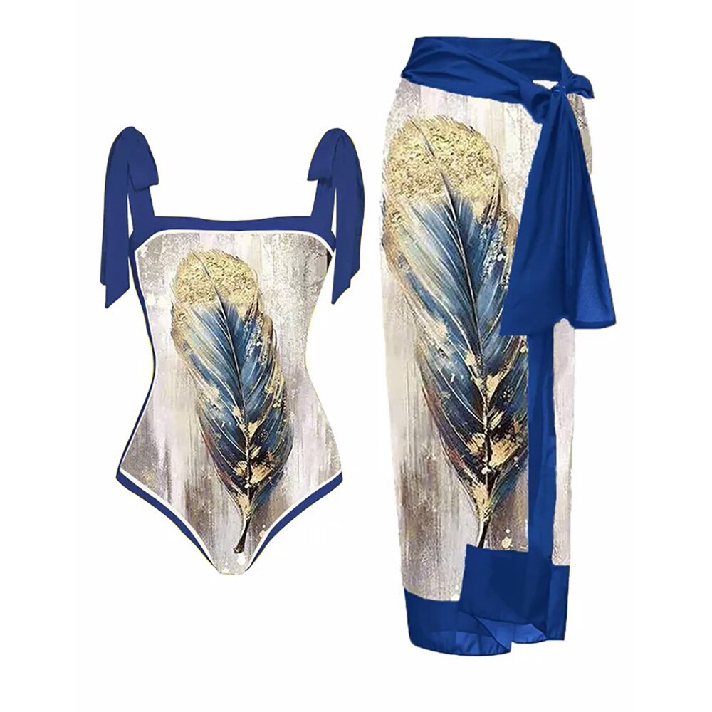 New Swimwear Set Multicolor Printed Chiffon Long Skirt One-Piece Sunscreen Swimsuit Beachwear Cover Up Bikini Bathing Suits