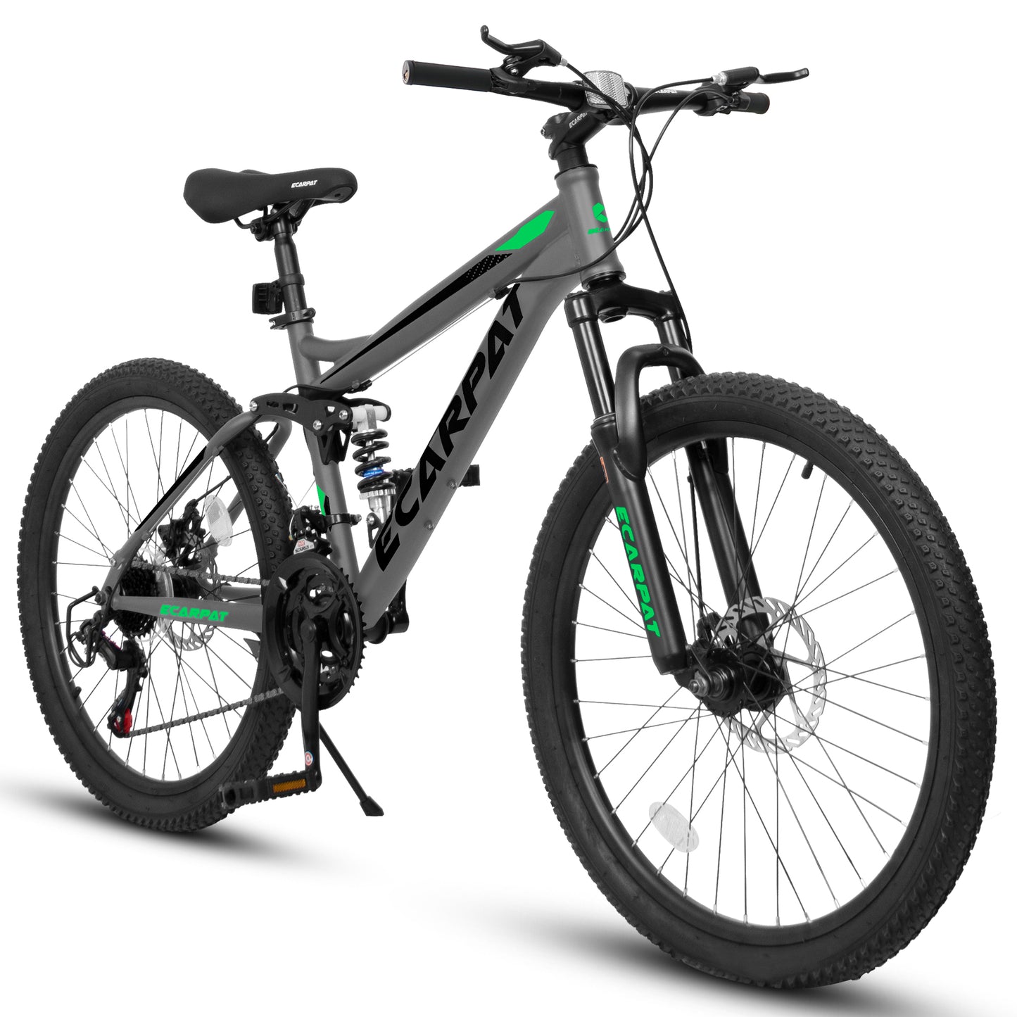 A2460 24 Inch Mountain Bike With Full Suspension, 21 Speed Shifter Lever With Gear Indicator, High Carbon Steel Frame, Mechanical Disc Brakes, Unisex For Men Women Adults, Ideal For Trails.