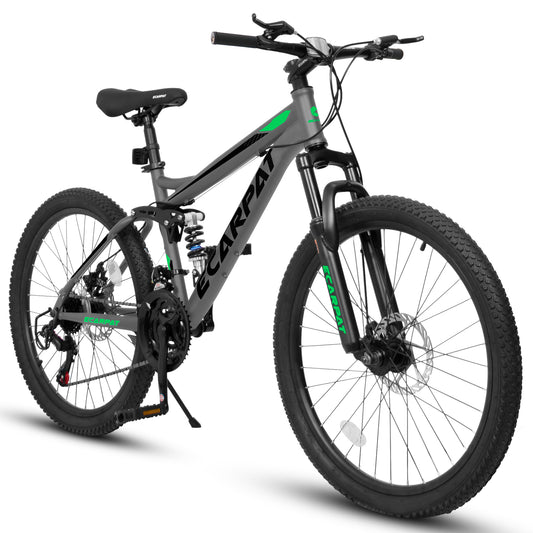 A2460 24 Inch Mountain Bike With Full Suspension, 21 Speed Shifter Lever With Gear Indicator, High Carbon Steel Frame, Mechanical Disc Brakes, Unisex For Men Women Adults, Ideal For Trails.