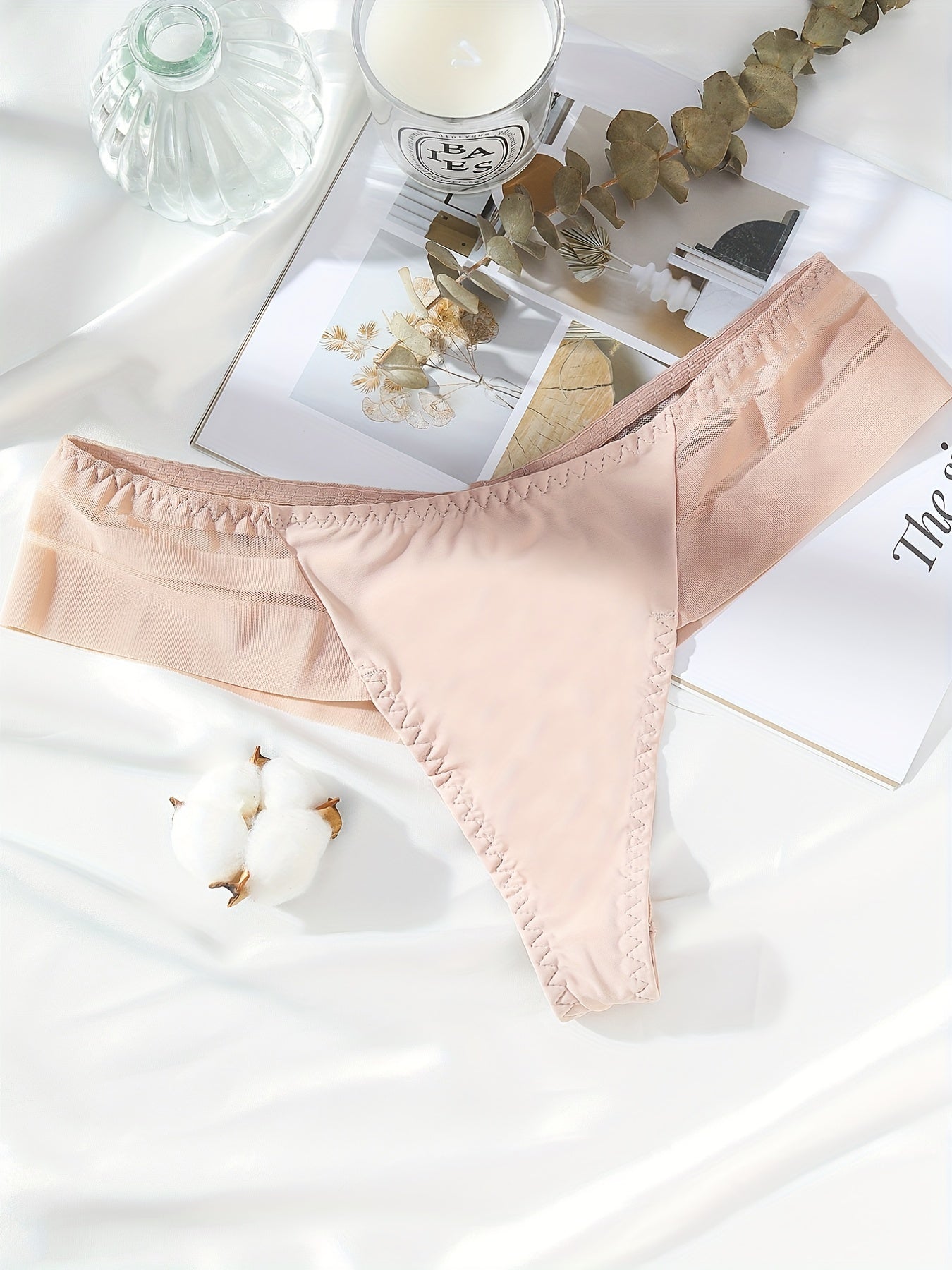 5pcs Seamless Mesh Thongs, Comfy Stretchy Contrast Intimates Panties, Women's Lingerie & Underwear