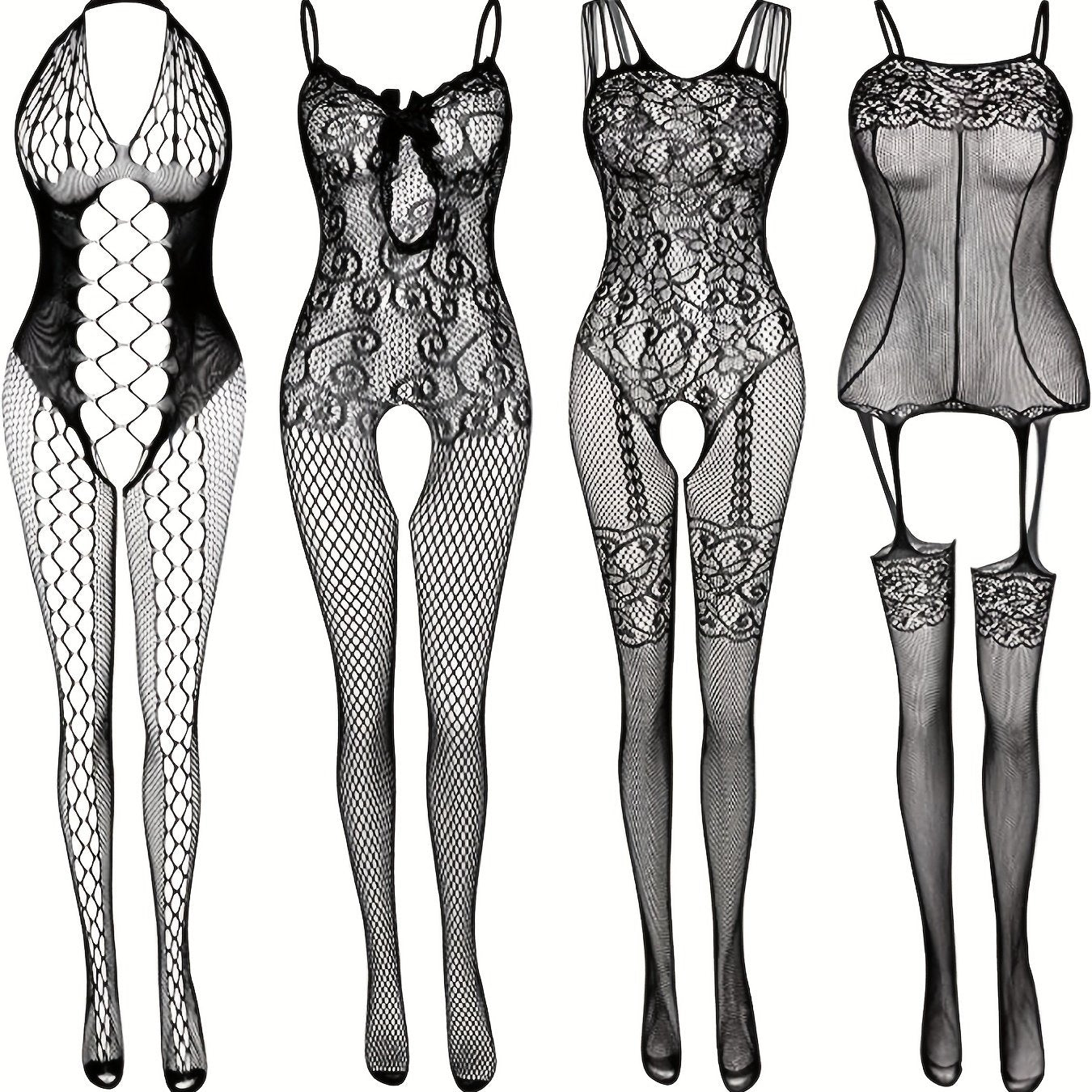 4 sets Sexy Fishnet Bodystocking with Open Crotch and Jacquard Design - Women's Lingerie and Underwear