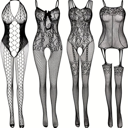4 sets Sexy Fishnet Bodystocking with Open Crotch and Jacquard Design - Women's Lingerie and Underwear
