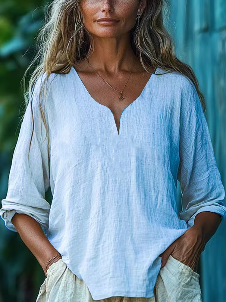Womens Casual Loose Fashion Cotton-Linen Long-Sleeve V-Neck Solid Color Top