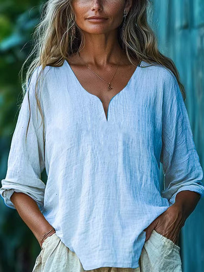 Womens Casual Loose Fashion Cotton-Linen Long-Sleeve V-Neck Solid Color Top