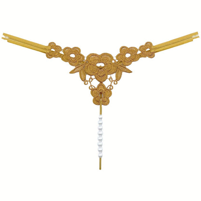 Floral Embroidery Thong, Hollow Out Faux Pearl Panties, Women's Sexy Lingerie & Underwear