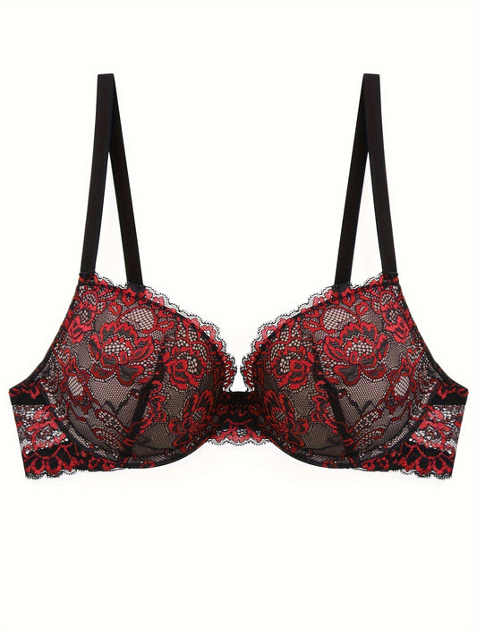 Floral Embroidery Lace Bra, Retro Push Up Underwire Bra, Women's Lingerie & Underwear