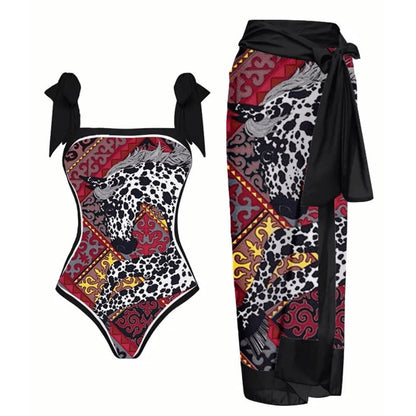 New Swimwear Set Multicolor Printed Chiffon Long Skirt One-Piece Sunscreen Swimsuit Beachwear Cover Up Bikini Bathing Suits