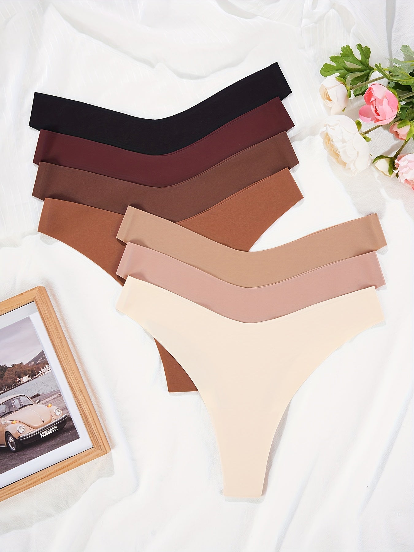 7pcs Seamless Solid Thongs, Soft & Comfy Stretchy Intimates Panties, Women's Lingerie & Underwear