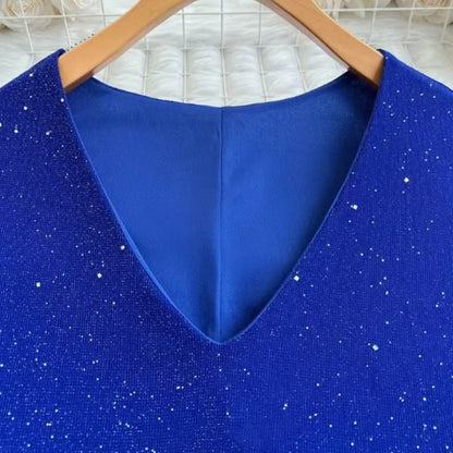 Women's Plus Size Sparkly Mini Dress - V-Neck Split Sleeve Party Dress