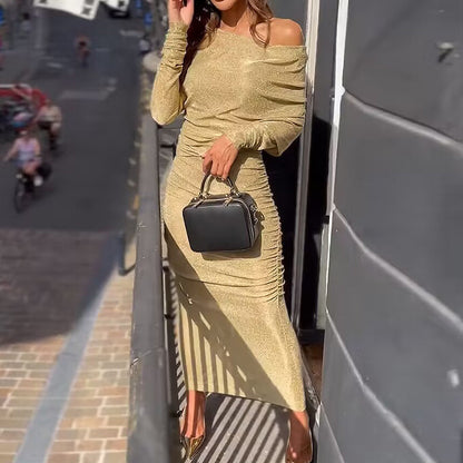 One-shoulder Split Dress with Off-Shoulder Design for Evening Wear and Party Occasions