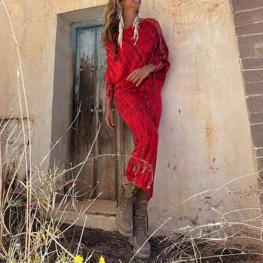 One Shoulder Batwing Sleeve Printed Long Dress
