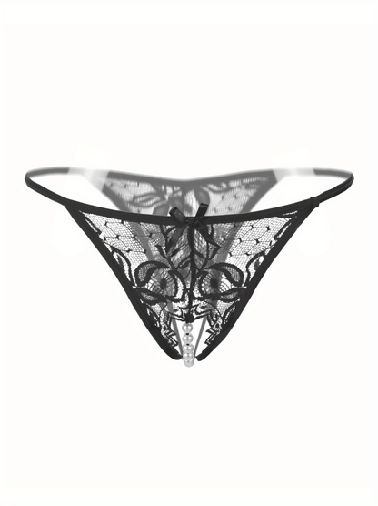 Sexy Floral Lace Thongs - Comfortable Women's Lingerie with Faux Pearl Detail, Open Crotch, and Elegant Design for a Confident You