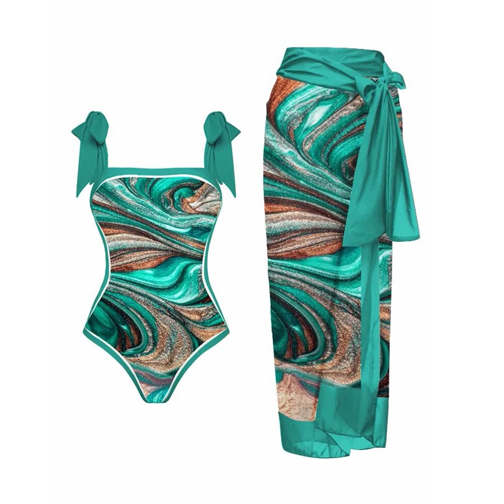 New Swimwear Set Multicolor Printed Chiffon Long Skirt One-Piece Sunscreen Swimsuit Beachwear Cover Up Bikini Bathing Suits