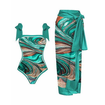 New Swimwear Set Multicolor Printed Chiffon Long Skirt One-Piece Sunscreen Swimsuit Beachwear Cover Up Bikini Bathing Suits