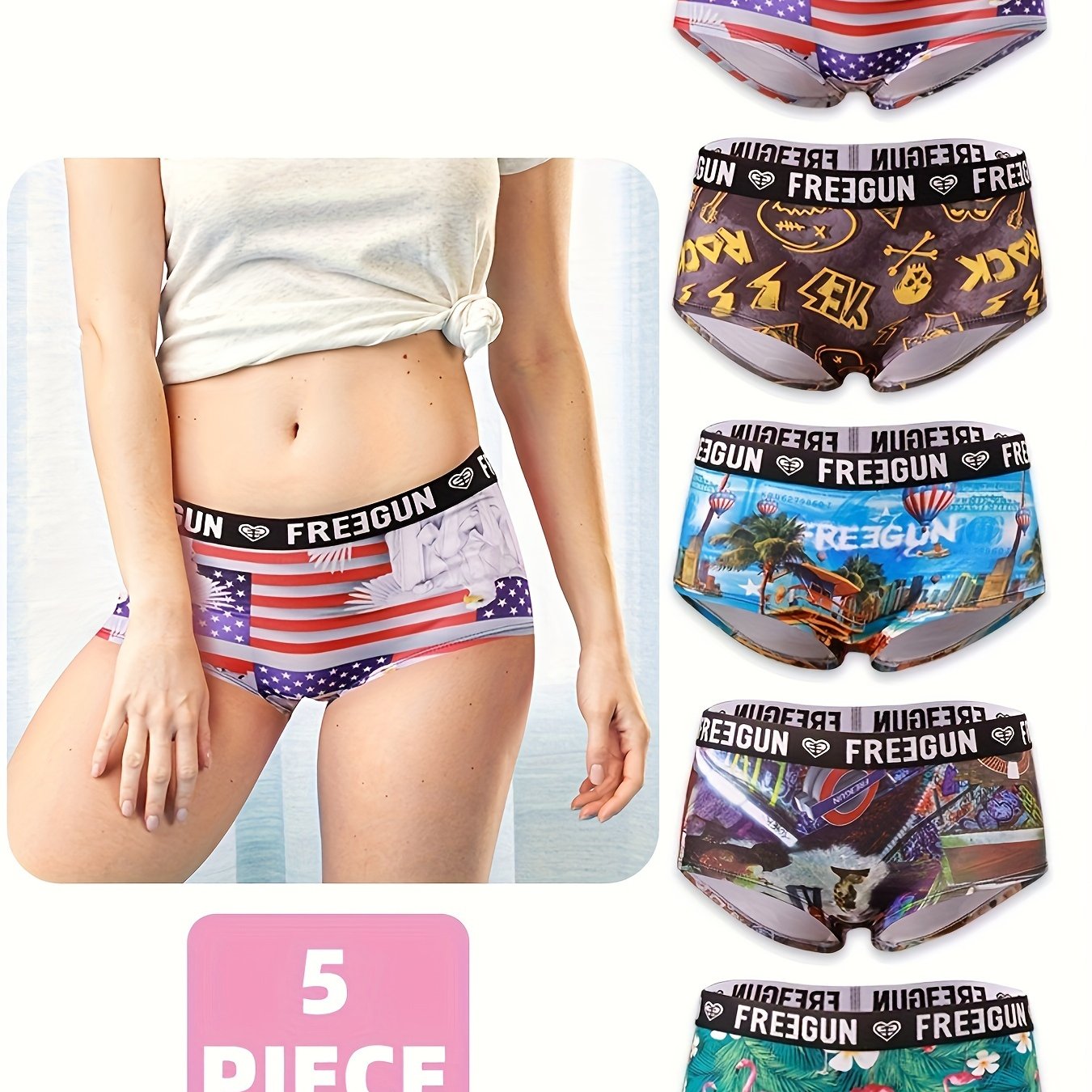 5pcs Soft & Comfortable Cartoon Print Boy Shorts - Women's Lingerie & Underwear with Cute Designs, Breathable Fabric, and Relaxing Fit for Everyday Wear