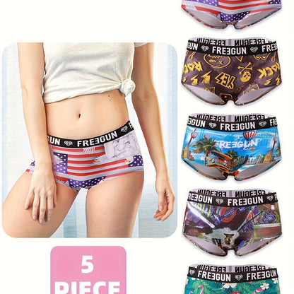 5pcs Soft & Comfortable Cartoon Print Boy Shorts - Women's Lingerie & Underwear with Cute Designs, Breathable Fabric, and Relaxing Fit for Everyday Wear