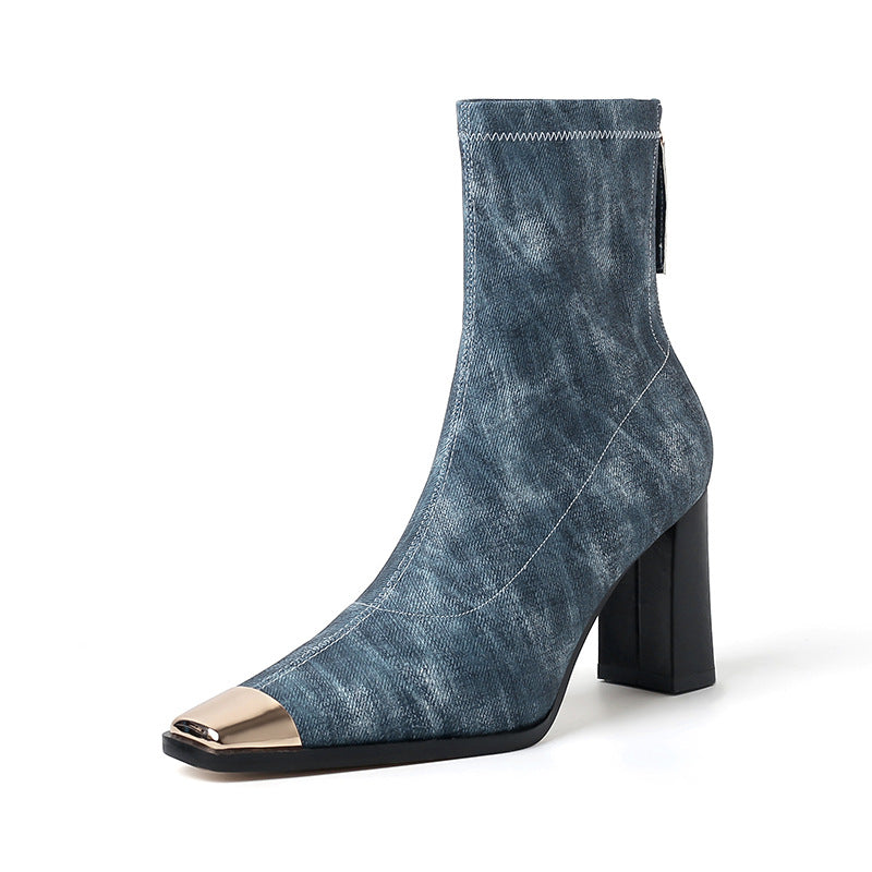 New Fashion Autumn Winter Warm Shoes Chunky High Heels Platform Black Blue Dress Party Work Female Lady Ankle Boots