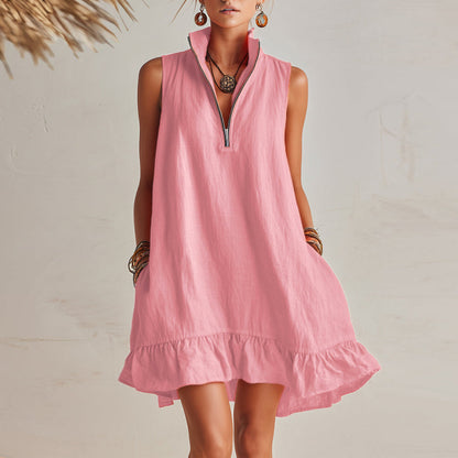 Pure-color Atmospheric Beach Dress Sleeveless Vacation Lace Dress For Women