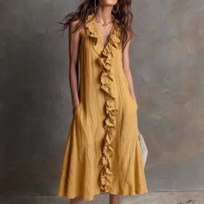 Solid-color Sleeveless Cotton-Linen V-Neck Maxi Dress With Ruffled Hem