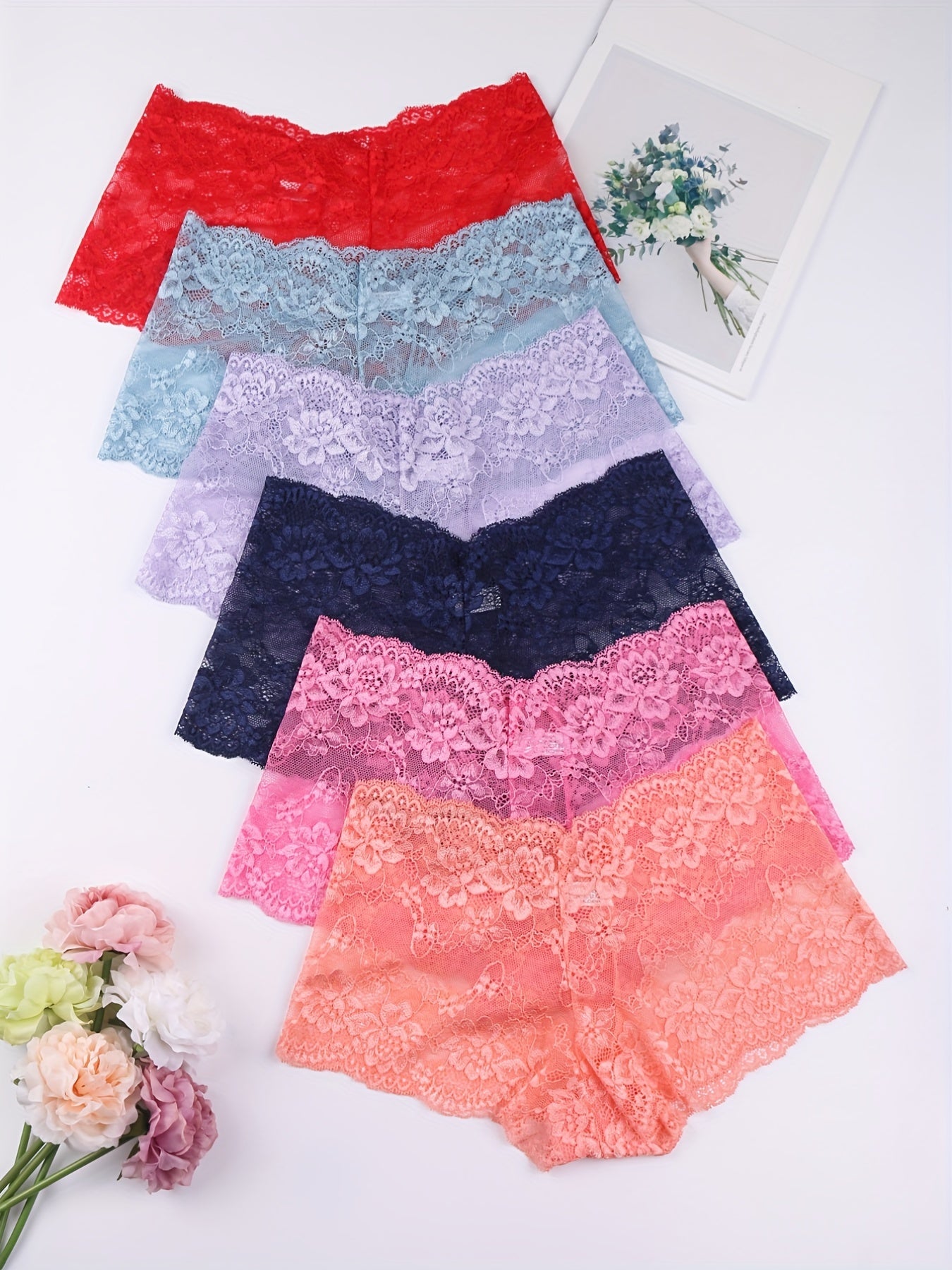 6pcs Floral Lace Boyshort Panties, Soft & Comfortable Scallop Trim Panties, Women's Lingerie & Underwear