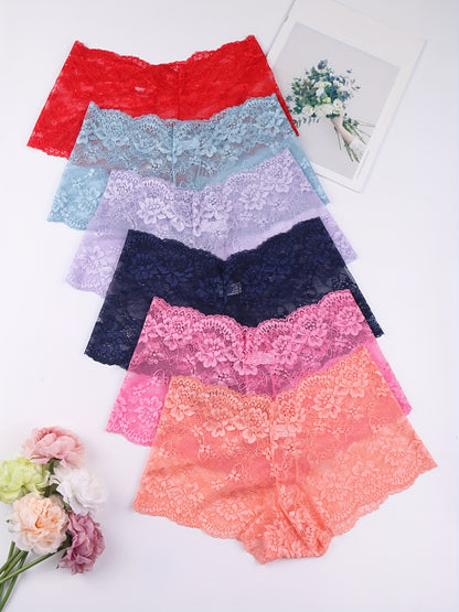6pcs Floral Lace Boyshort Panties, Soft & Comfortable Scallop Trim Panties, Women's Lingerie & Underwear