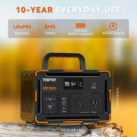 YEWPINY 600W Portable Power Station, 600W Fast Charging, 599.4Wh Lithium Battery Solar Generator AC Power Socket, DC Port, LED Lighting, PD And USB, A Total Of 9 Output Ports, Suitable for Home, Outdoor Travel, Camping And Po