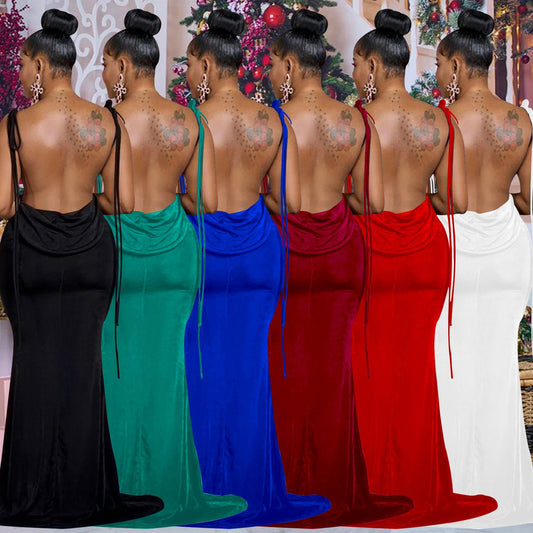 Fashionable Pure Color Sleeveless Long Dress with Shoulder Ties for Women