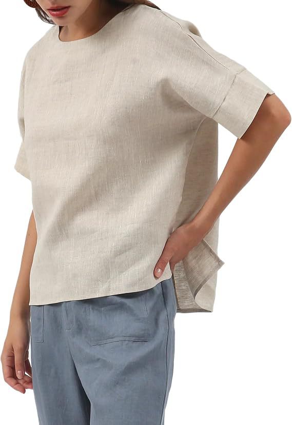 Linen Top Crew-neck Short-sleeve Shirt
