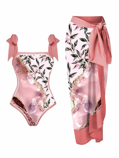 New Swimwear Set Multicolor Printed Chiffon Long Skirt One-Piece Sunscreen Swimsuit Beachwear Cover Up Bikini Bathing Suits