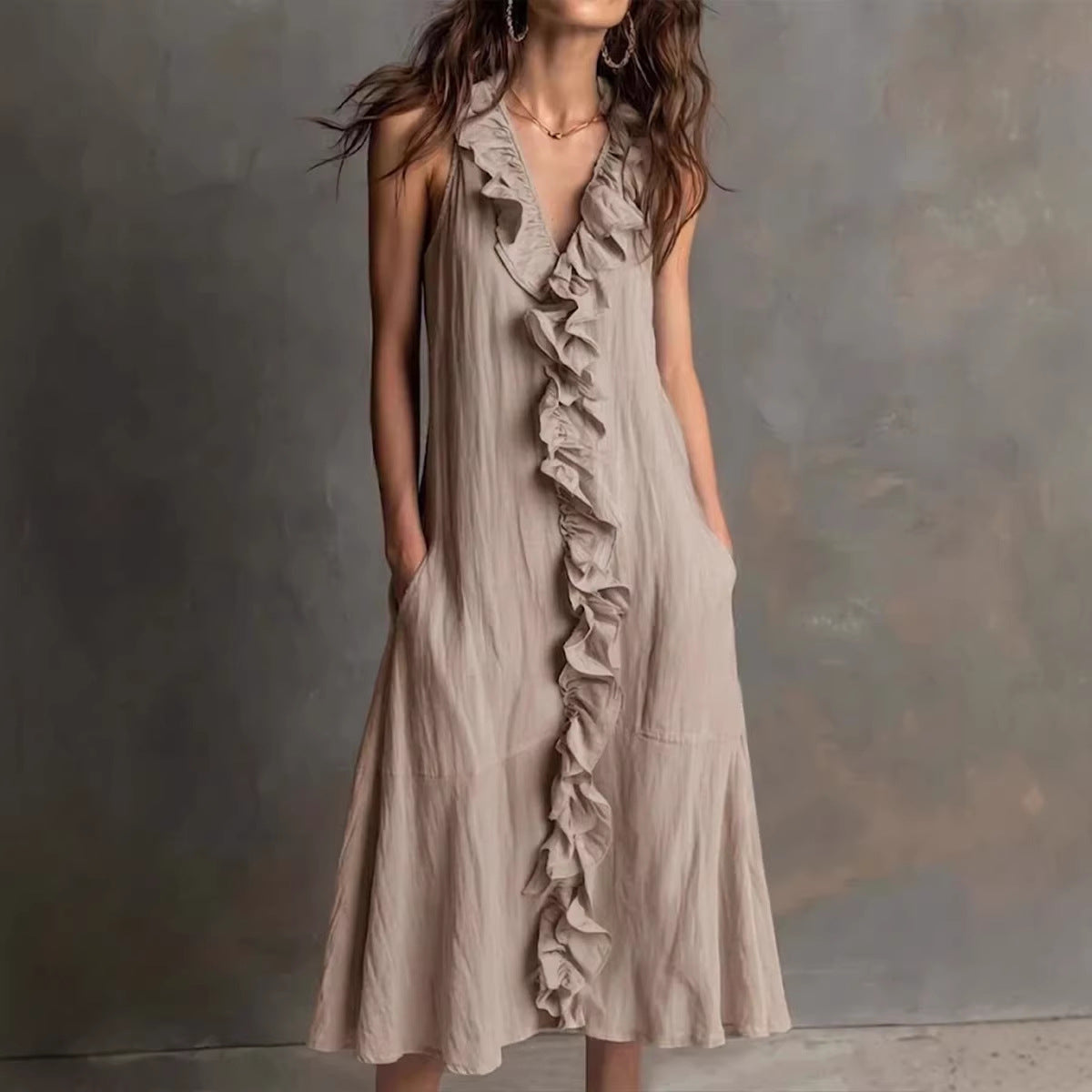 Solid-color Sleeveless Cotton-Linen V-Neck Maxi Dress With Ruffled Hem