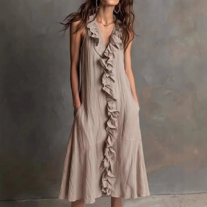 Solid-color Sleeveless Cotton-Linen V-Neck Maxi Dress With Ruffled Hem
