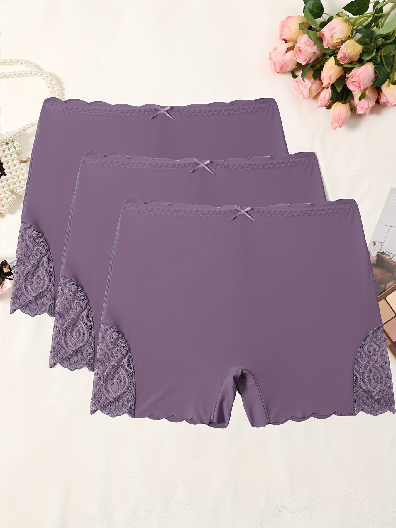 3pcs Contrast Lace Boyshort Panties, Seamless Scallop Trim Bow Tie Panties, Women's Lingerie & Underwear