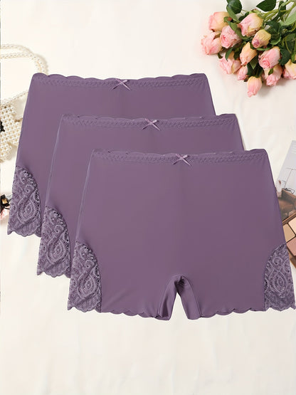 3pcs Contrast Lace Boyshort Panties, Seamless Scallop Trim Bow Tie Panties, Women's Lingerie & Underwear
